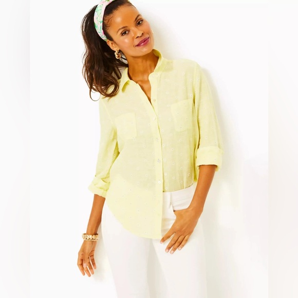 Lilly Pulitzer Tops - NWT Lilly Pulitzer Sea View Linen Button Down Top Finch Yellow Size XL